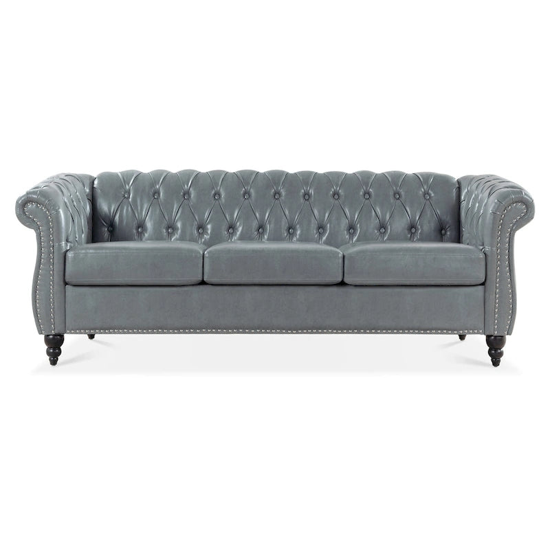 Canapé 3 places Chesterfield avec accoudoirs roulés en similicuir (PU) orange / expresso / blanc / gris / marron / noir, pieds en bouleau