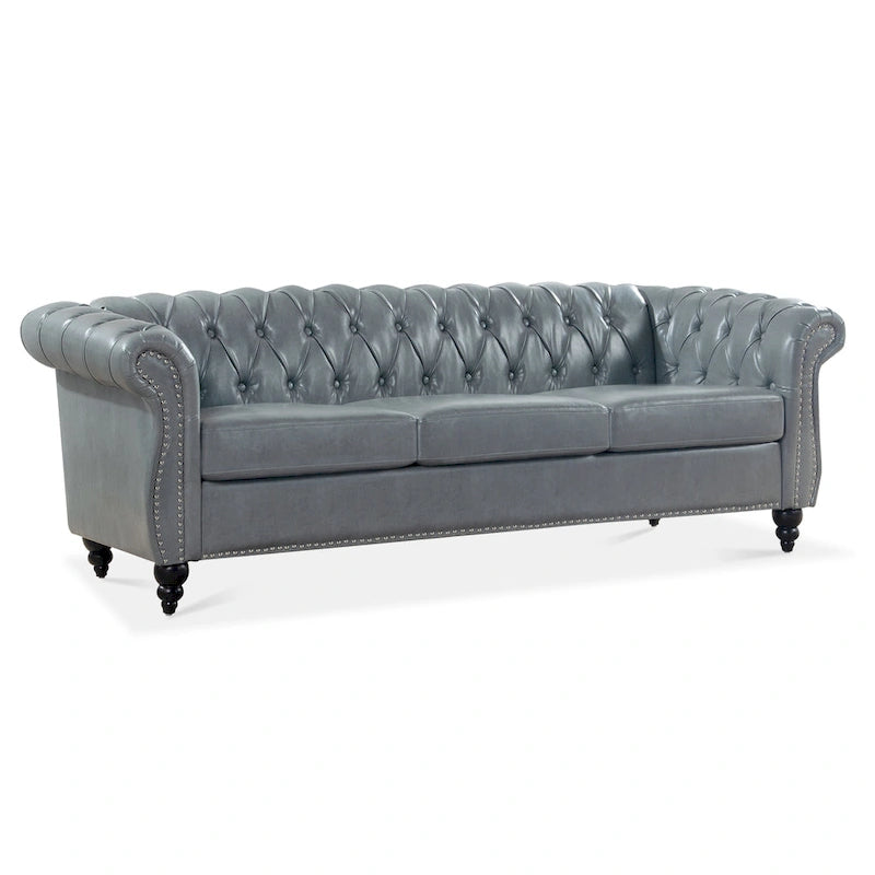 Canapé 3 places Chesterfield avec accoudoirs roulés en similicuir (PU) orange / expresso / blanc / gris / marron / noir, pieds en bouleau