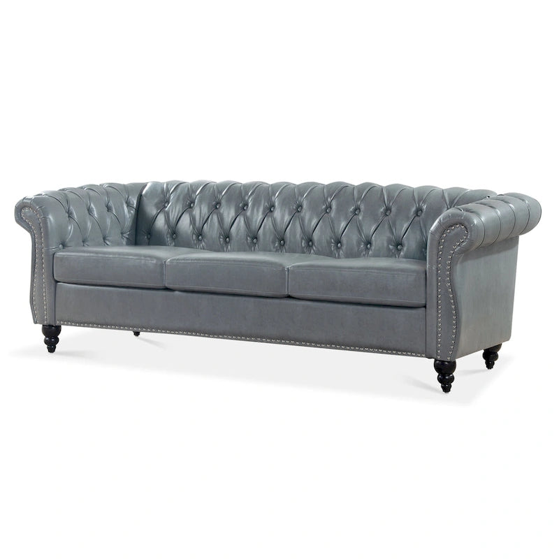Canapé 3 places Chesterfield avec accoudoirs roulés en similicuir (PU) orange / expresso / blanc / gris / marron / noir, pieds en bouleau