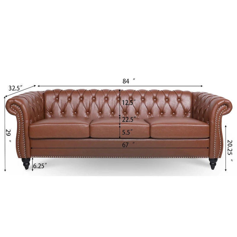 Canapé 3 places Chesterfield avec accoudoirs roulés en similicuir (PU) orange / expresso / blanc / gris / marron / noir, pieds en bouleau