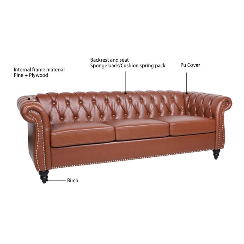 Canapé 3 places Chesterfield avec accoudoirs roulés en similicuir (PU) orange / expresso / blanc / gris / marron / noir, pieds en bouleau