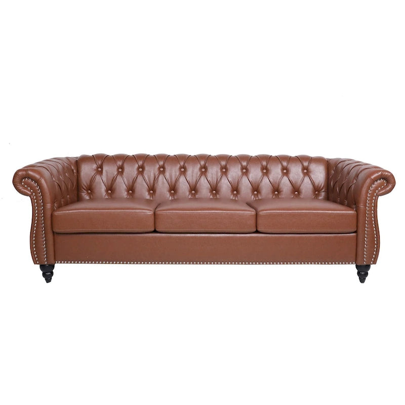 Canapé 3 places Chesterfield avec accoudoirs roulés en similicuir (PU) orange / expresso / blanc / gris / marron / noir, pieds en bouleau