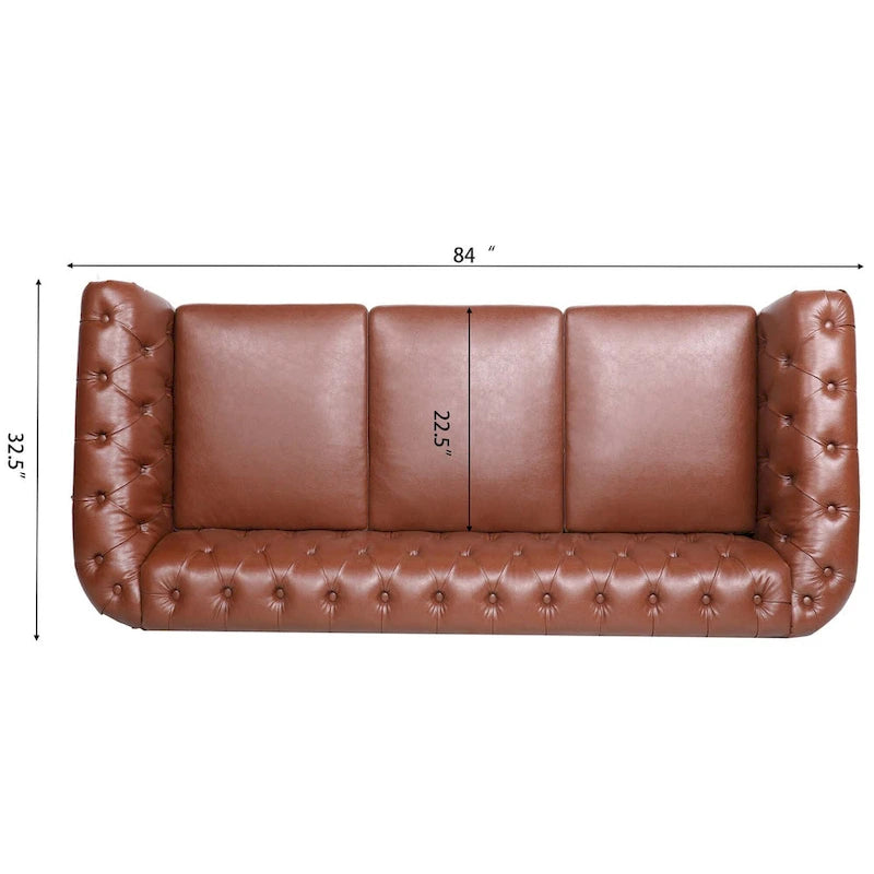 Canapé 3 places Chesterfield avec accoudoirs roulés en similicuir (PU) orange / expresso / blanc / gris / marron / noir, pieds en bouleau