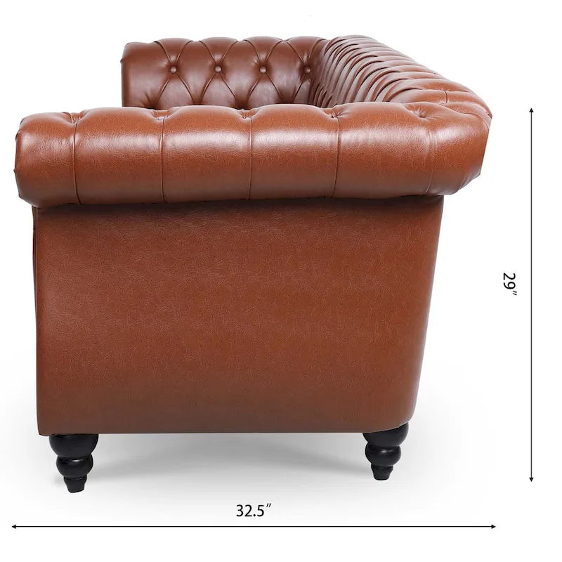 Canapé 3 places Chesterfield avec accoudoirs roulés en similicuir (PU) orange / expresso / blanc / gris / marron / noir, pieds en bouleau