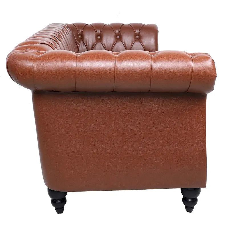 Canapé 3 places Chesterfield avec accoudoirs roulés en similicuir (PU) orange / expresso / blanc / gris / marron / noir, pieds en bouleau