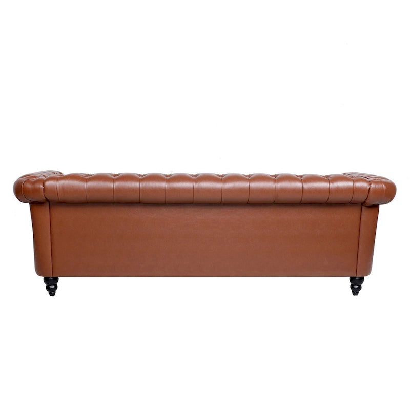 Canapé 3 places Chesterfield avec accoudoirs roulés en similicuir (PU) orange / expresso / blanc / gris / marron / noir, pieds en bouleau