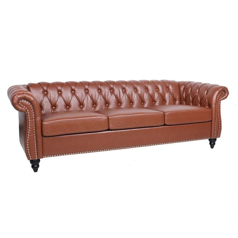 Canapé 3 places Chesterfield avec accoudoirs roulés en similicuir (PU) orange / expresso / blanc / gris / marron / noir, pieds en bouleau