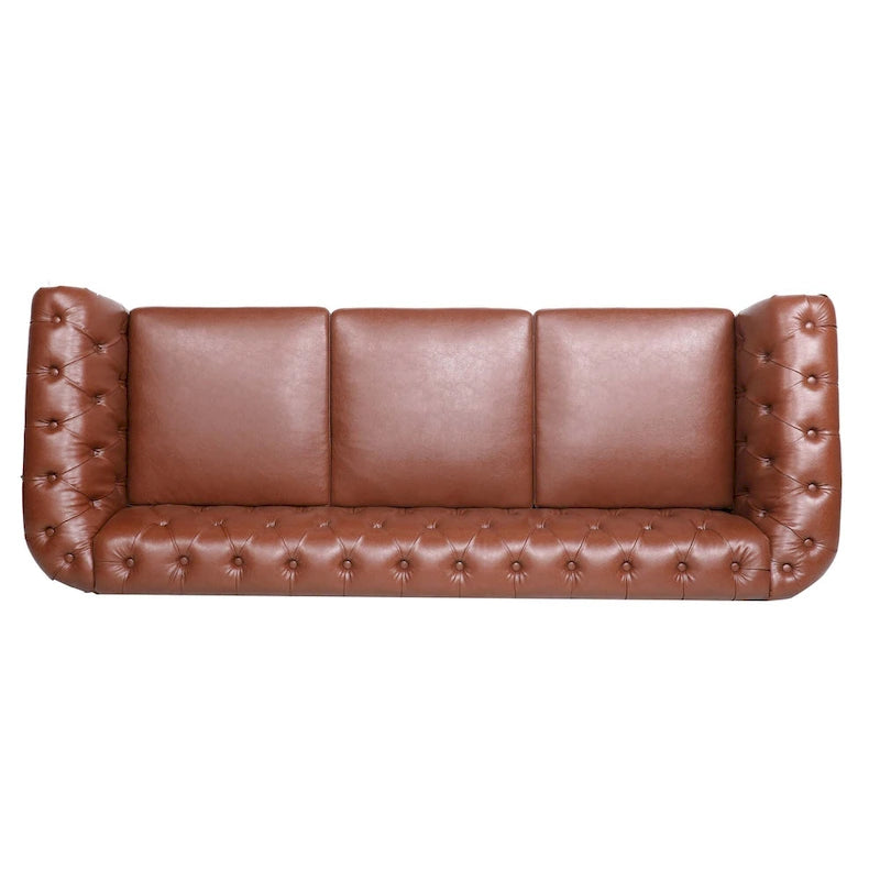 Canapé 3 places Chesterfield avec accoudoirs roulés en similicuir (PU) orange / expresso / blanc / gris / marron / noir, pieds en bouleau