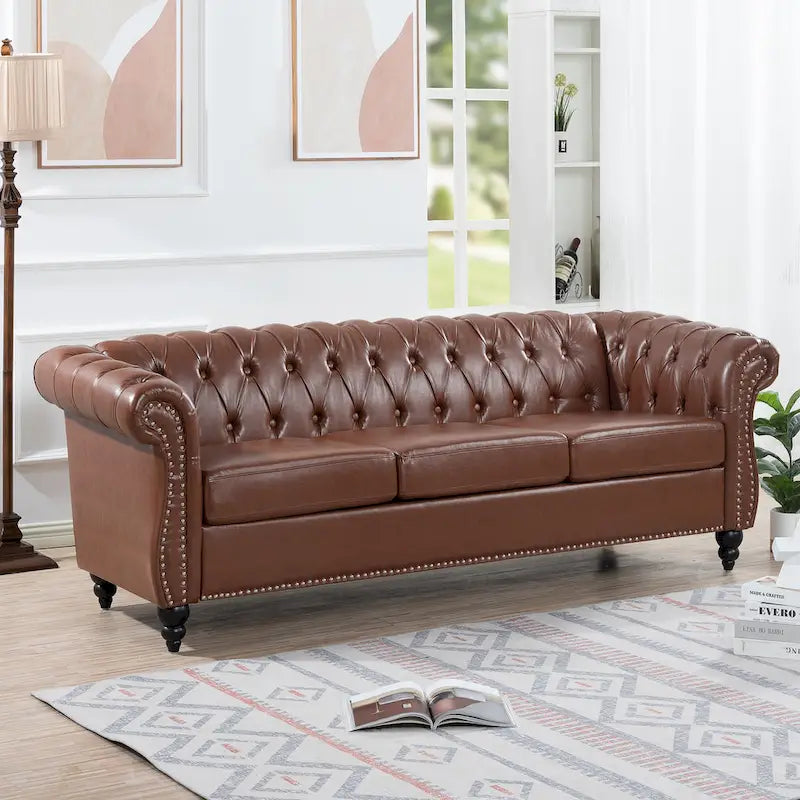 Canapé 3 places Chesterfield avec accoudoirs roulés en similicuir (PU) orange / expresso / blanc / gris / marron / noir, pieds en bouleau
