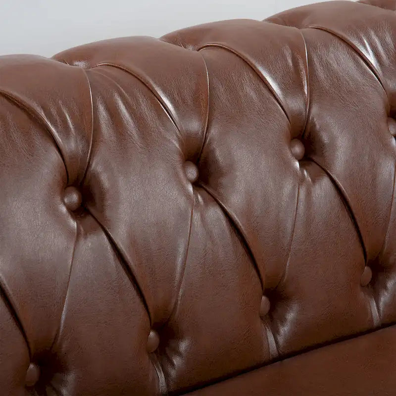 Canapé 3 places Chesterfield avec accoudoirs roulés en similicuir (PU) orange / expresso / blanc / gris / marron / noir, pieds en bouleau