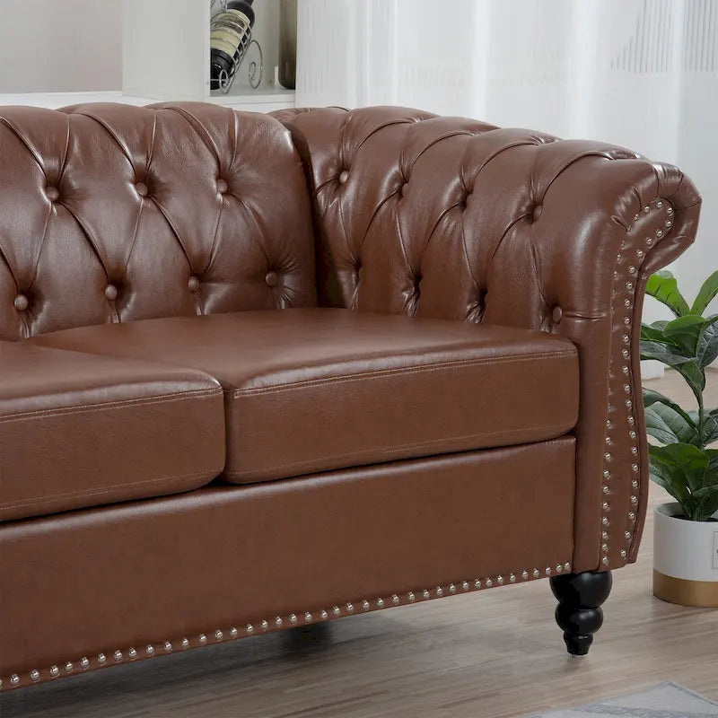 Canapé 3 places Chesterfield avec accoudoirs roulés en similicuir (PU) orange / expresso / blanc / gris / marron / noir, pieds en bouleau