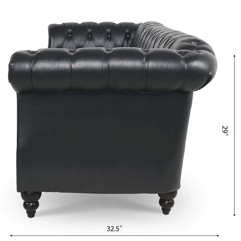 Canapé 3 places Chesterfield avec accoudoirs roulés en similicuir (PU) orange / expresso / blanc / gris / marron / noir, pieds en bouleau
