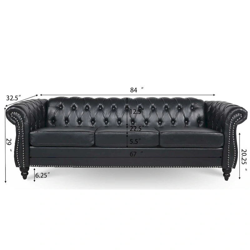 Canapé 3 places Chesterfield avec accoudoirs roulés en similicuir (PU) orange / expresso / blanc / gris / marron / noir, pieds en bouleau