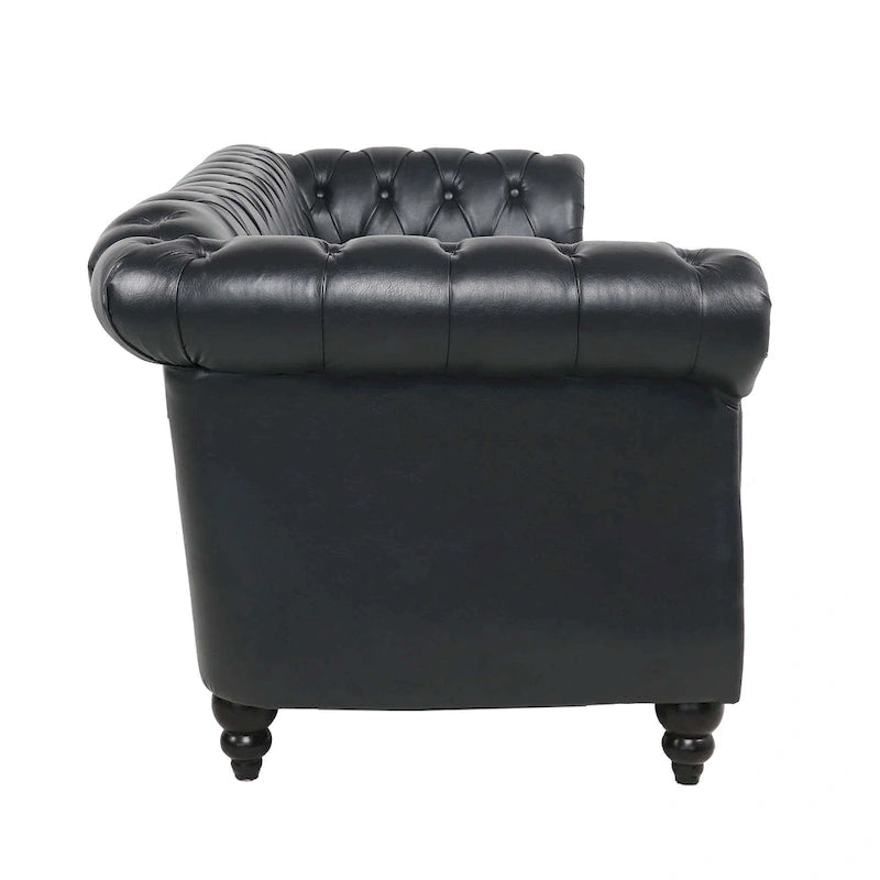 Canapé 3 places Chesterfield avec accoudoirs roulés en similicuir (PU) orange / expresso / blanc / gris / marron / noir, pieds en bouleau