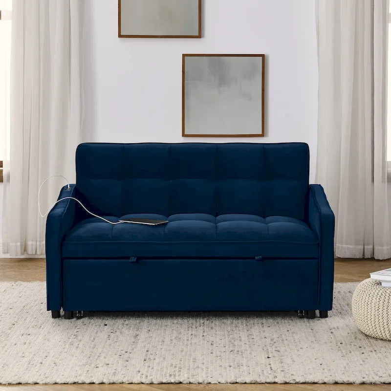 Causeuse de style mid-century en velours bleu/gris/beige, convertible en lit, avec ports USB et dossier réglable – 2 places