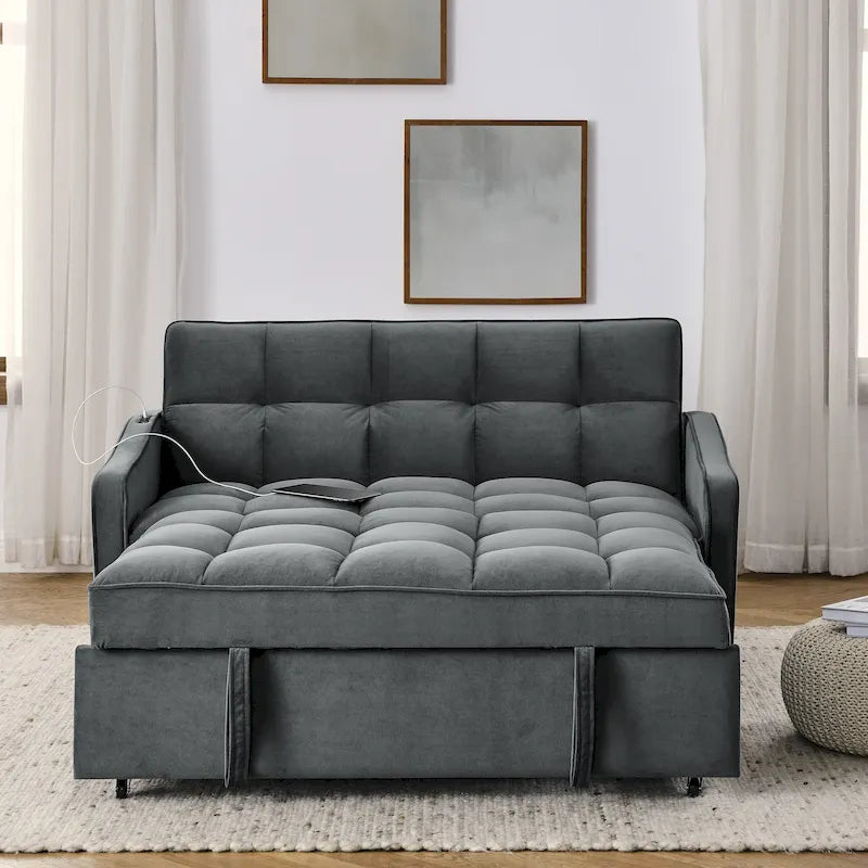 Causeuse de style mid-century en velours bleu/gris/beige, convertible en lit, avec ports USB et dossier réglable – 2 places