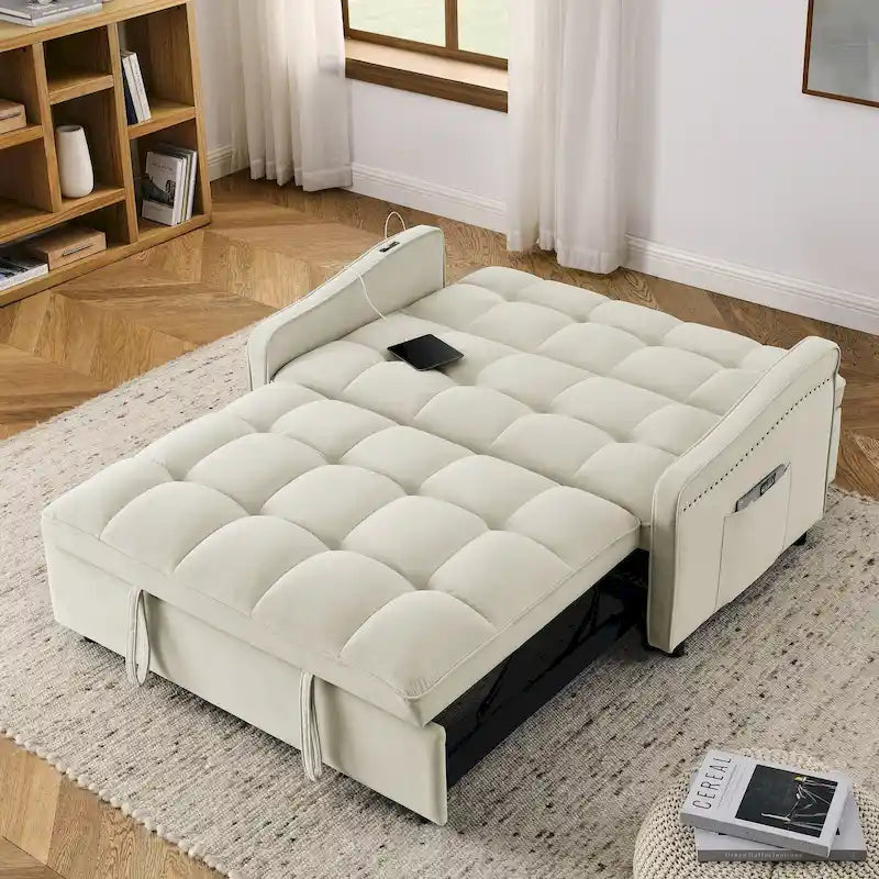 Causeuse de style mid-century en velours bleu/gris/beige, convertible en lit, avec ports USB et dossier réglable – 2 places