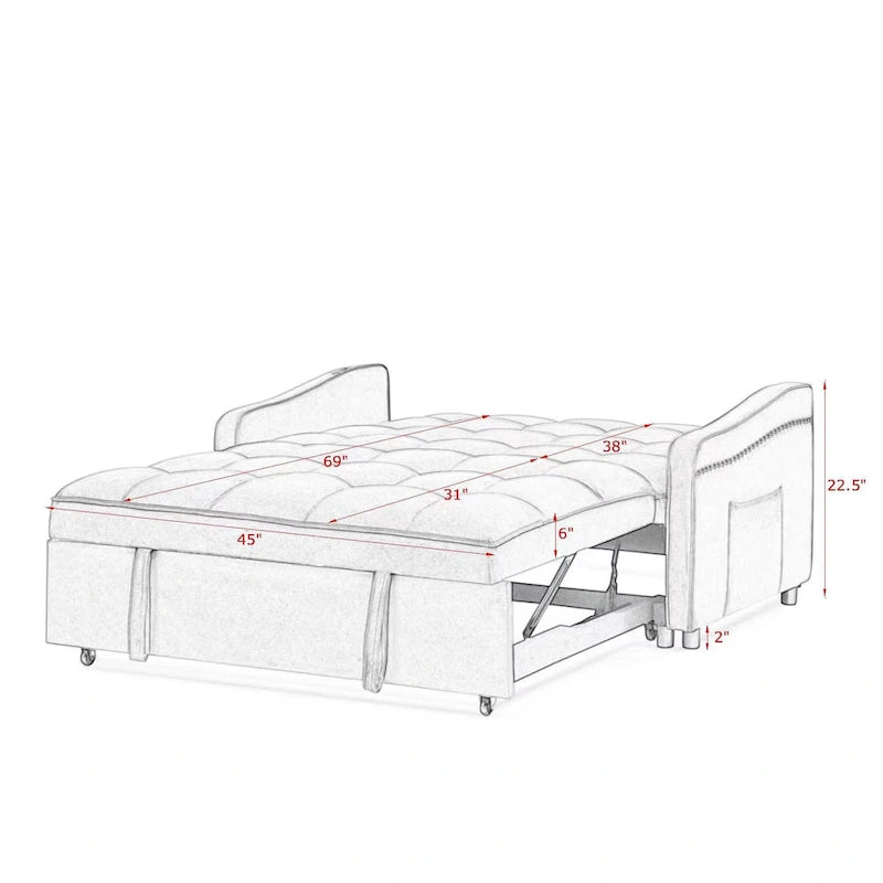 Causeuse de style mid-century en velours bleu/gris/beige, convertible en lit, avec ports USB et dossier réglable – 2 places
