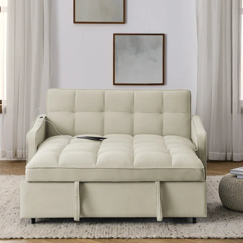 Causeuse de style mid-century en velours bleu/gris/beige, convertible en lit, avec ports USB et dossier réglable – 2 places