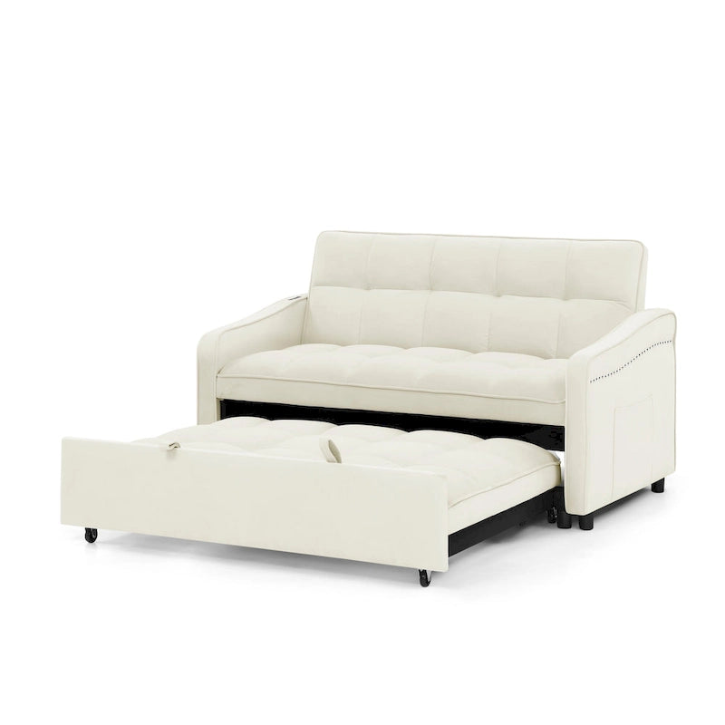 Causeuse de style mid-century en velours bleu/gris/beige, convertible en lit, avec ports USB et dossier réglable – 2 places