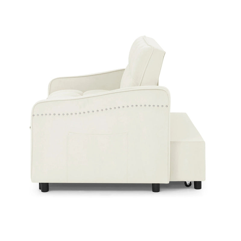 Causeuse de style mid-century en velours bleu/gris/beige, convertible en lit, avec ports USB et dossier réglable – 2 places