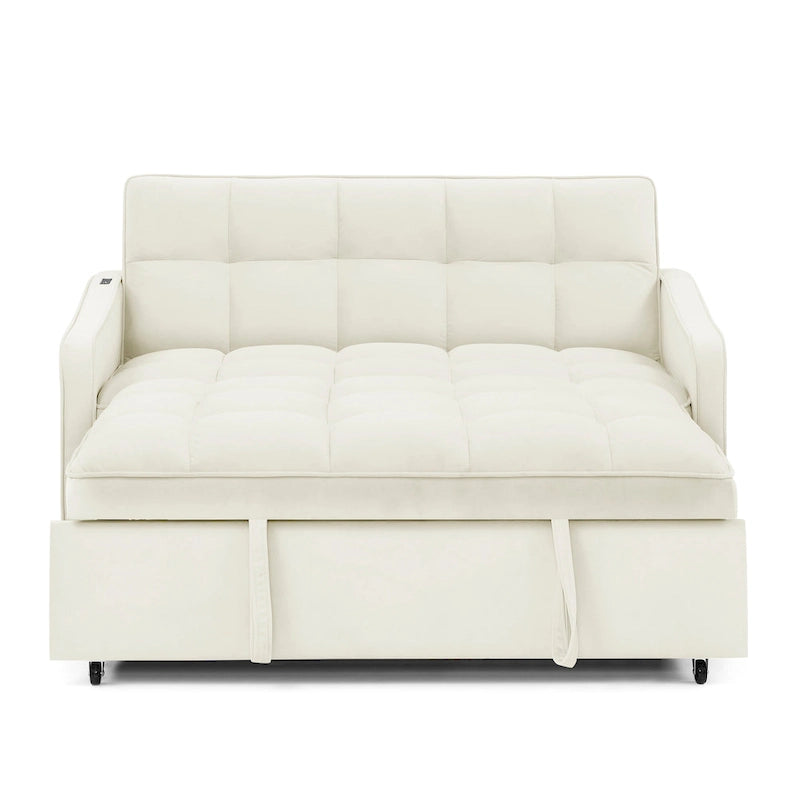 Causeuse de style mid-century en velours bleu/gris/beige, convertible en lit, avec ports USB et dossier réglable – 2 places