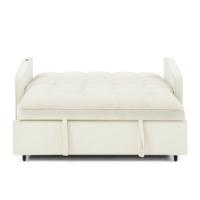 Causeuse de style mid-century en velours bleu/gris/beige, convertible en lit, avec ports USB et dossier réglable – 2 places