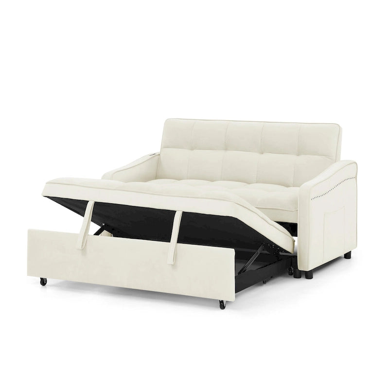 Causeuse de style mid-century en velours bleu/gris/beige, convertible en lit, avec ports USB et dossier réglable – 2 places