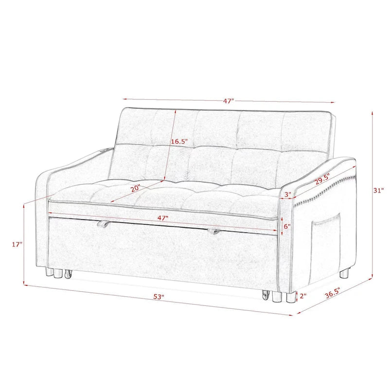 Causeuse de style mid-century en velours bleu/gris/beige, convertible en lit, avec ports USB et dossier réglable – 2 places
