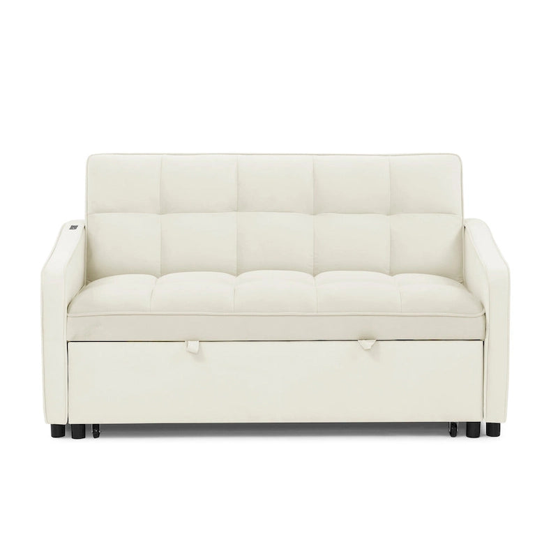 Causeuse de style mid-century en velours bleu/gris/beige, convertible en lit, avec ports USB et dossier réglable – 2 places
