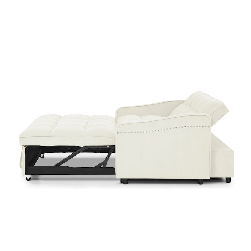 Causeuse de style mid-century en velours bleu/gris/beige, convertible en lit, avec ports USB et dossier réglable – 2 places