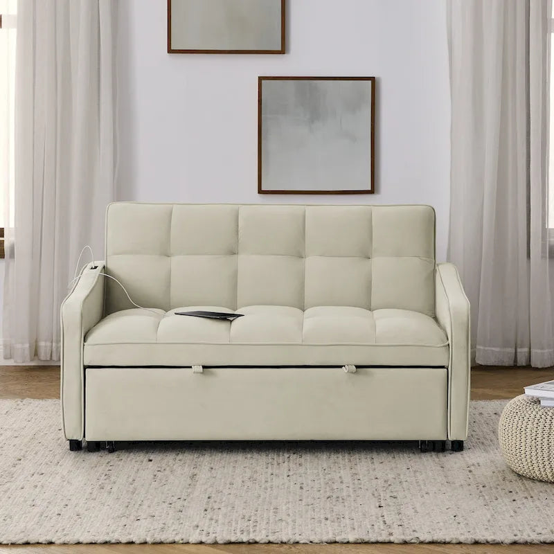 Causeuse de style mid-century en velours bleu/gris/beige, convertible en lit, avec ports USB et dossier réglable – 2 places