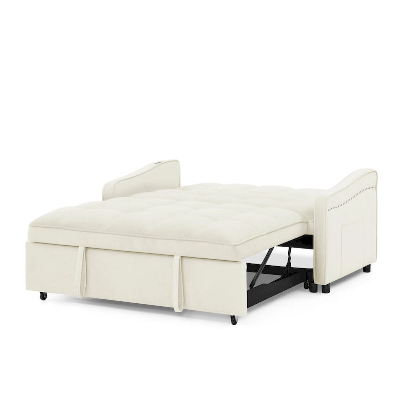Causeuse de style mid-century en velours bleu/gris/beige, convertible en lit, avec ports USB et dossier réglable – 2 places