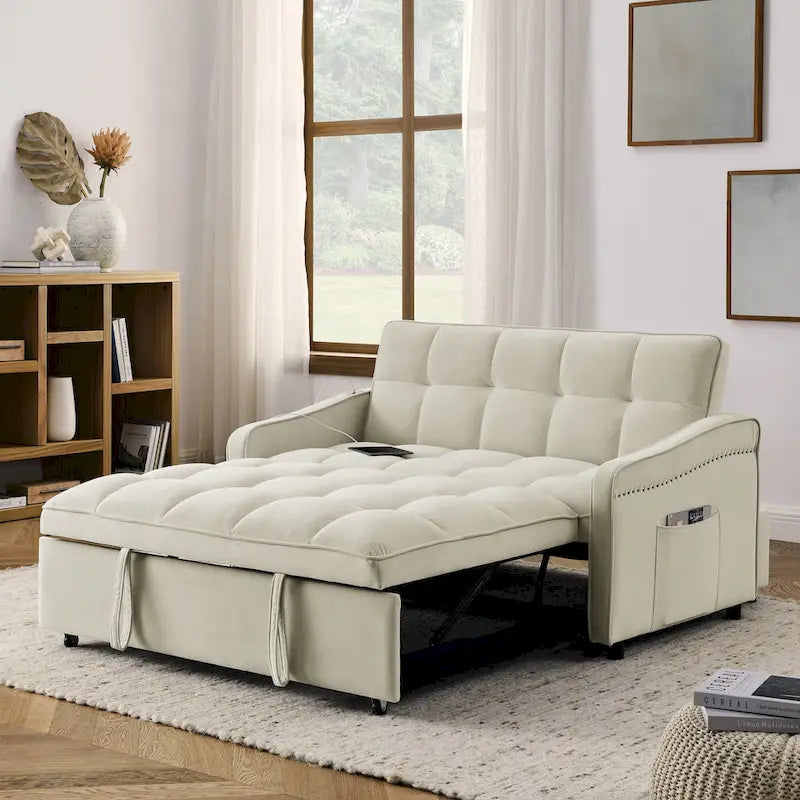 Causeuse de style mid-century en velours bleu/gris/beige, convertible en lit, avec ports USB et dossier réglable – 2 places