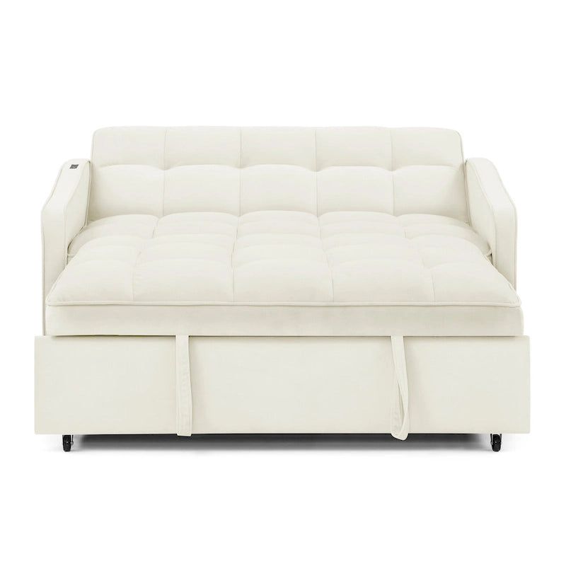 Causeuse de style mid-century en velours bleu/gris/beige, convertible en lit, avec ports USB et dossier réglable – 2 places