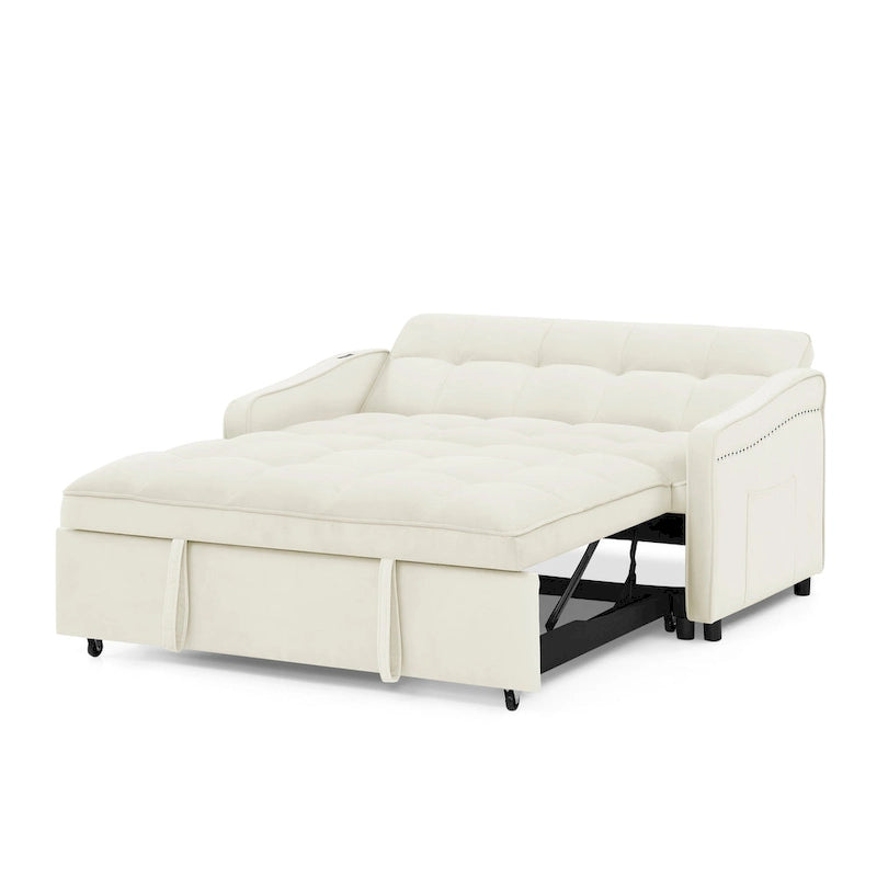 Causeuse de style mid-century en velours bleu/gris/beige, convertible en lit, avec ports USB et dossier réglable – 2 places