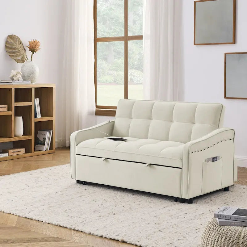 Causeuse de style mid-century en velours bleu/gris/beige, convertible en lit, avec ports USB et dossier réglable – 2 places