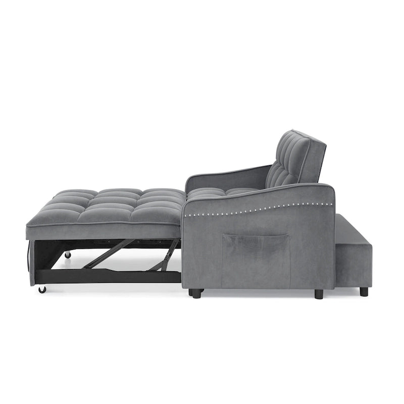 Causeuse de style mid-century en velours bleu/gris/beige, convertible en lit, avec ports USB et dossier réglable – 2 places