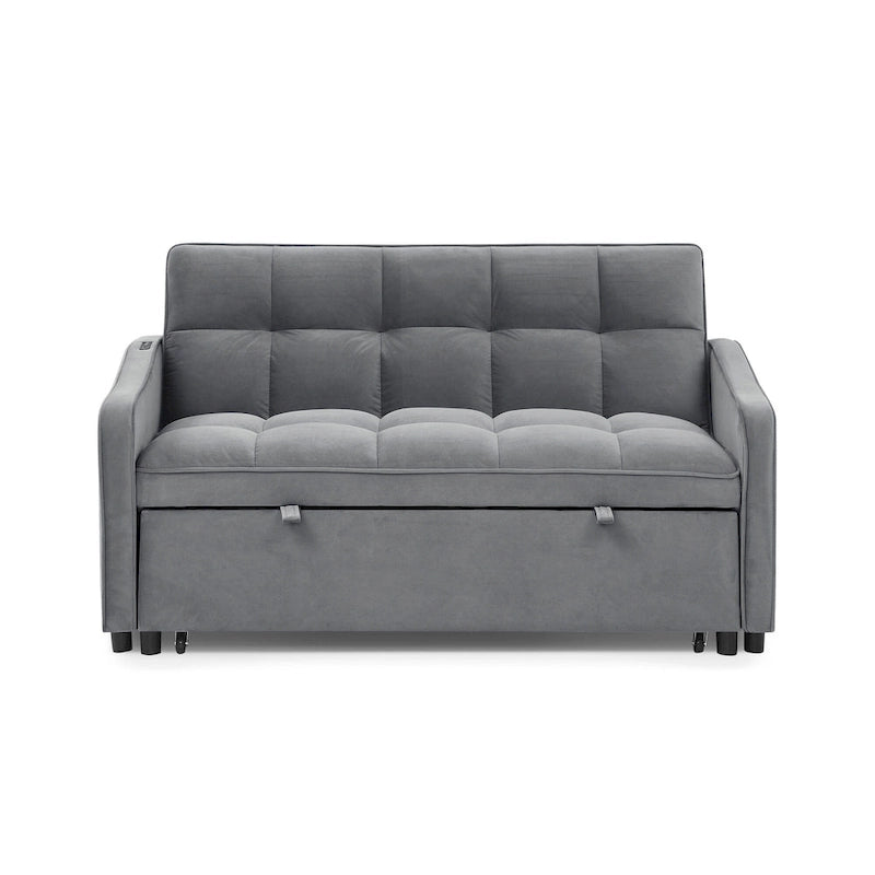 Causeuse de style mid-century en velours bleu/gris/beige, convertible en lit, avec ports USB et dossier réglable – 2 places