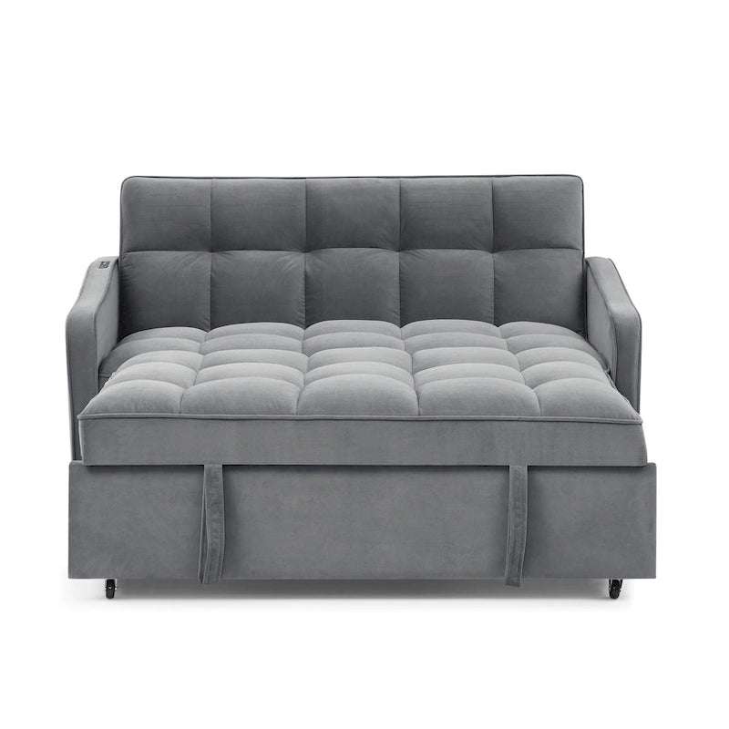 Causeuse de style mid-century en velours bleu/gris/beige, convertible en lit, avec ports USB et dossier réglable – 2 places