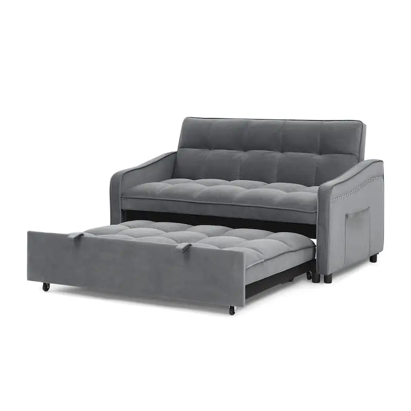 Causeuse de style mid-century en velours bleu/gris/beige, convertible en lit, avec ports USB et dossier réglable – 2 places