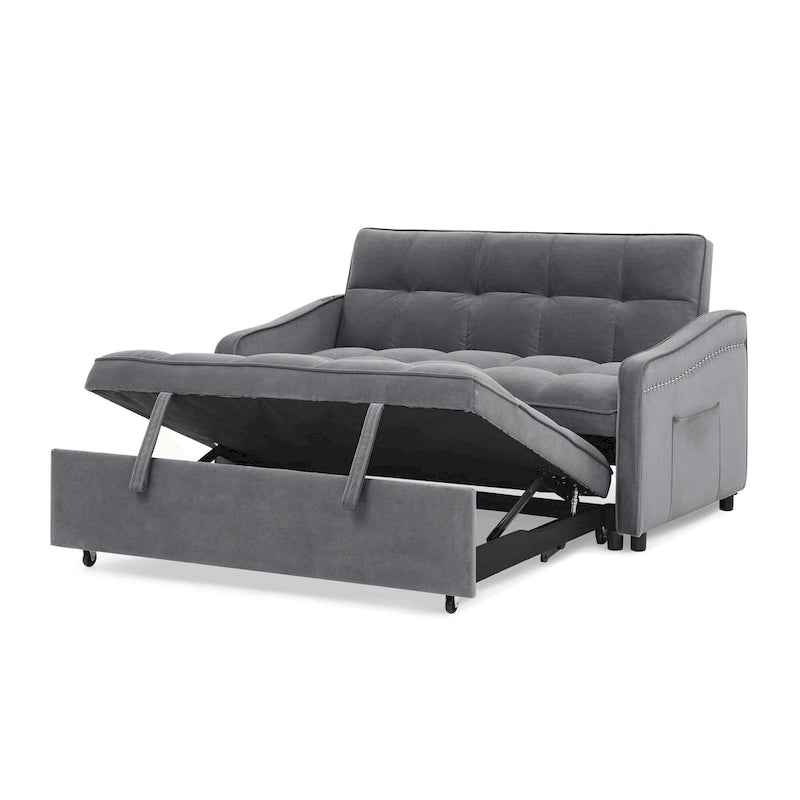 Causeuse de style mid-century en velours bleu/gris/beige, convertible en lit, avec ports USB et dossier réglable – 2 places