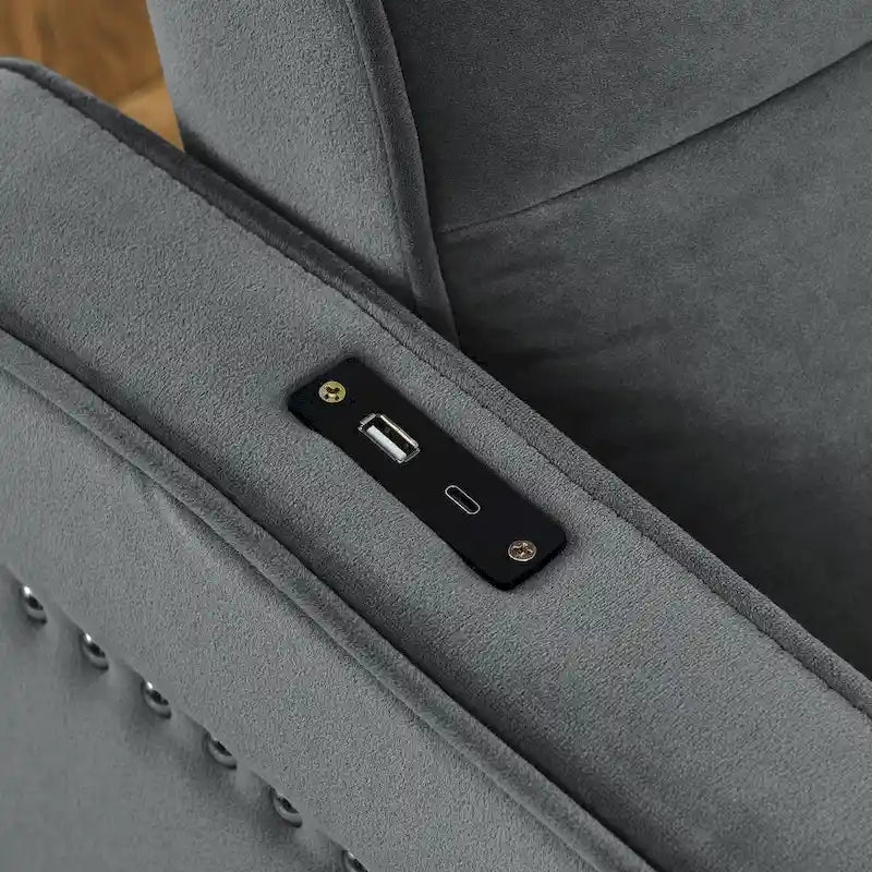 Causeuse de style mid-century en velours bleu/gris/beige, convertible en lit, avec ports USB et dossier réglable – 2 places