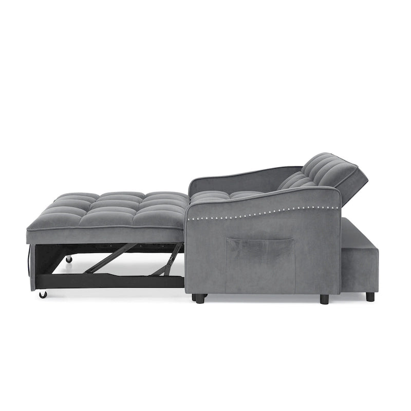 Causeuse de style mid-century en velours bleu/gris/beige, convertible en lit, avec ports USB et dossier réglable – 2 places