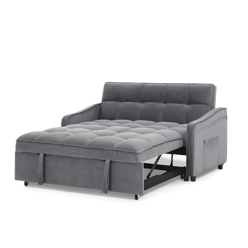 Causeuse de style mid-century en velours bleu/gris/beige, convertible en lit, avec ports USB et dossier réglable – 2 places