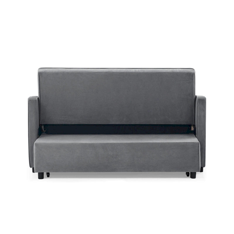 Causeuse de style mid-century en velours bleu/gris/beige, convertible en lit, avec ports USB et dossier réglable – 2 places