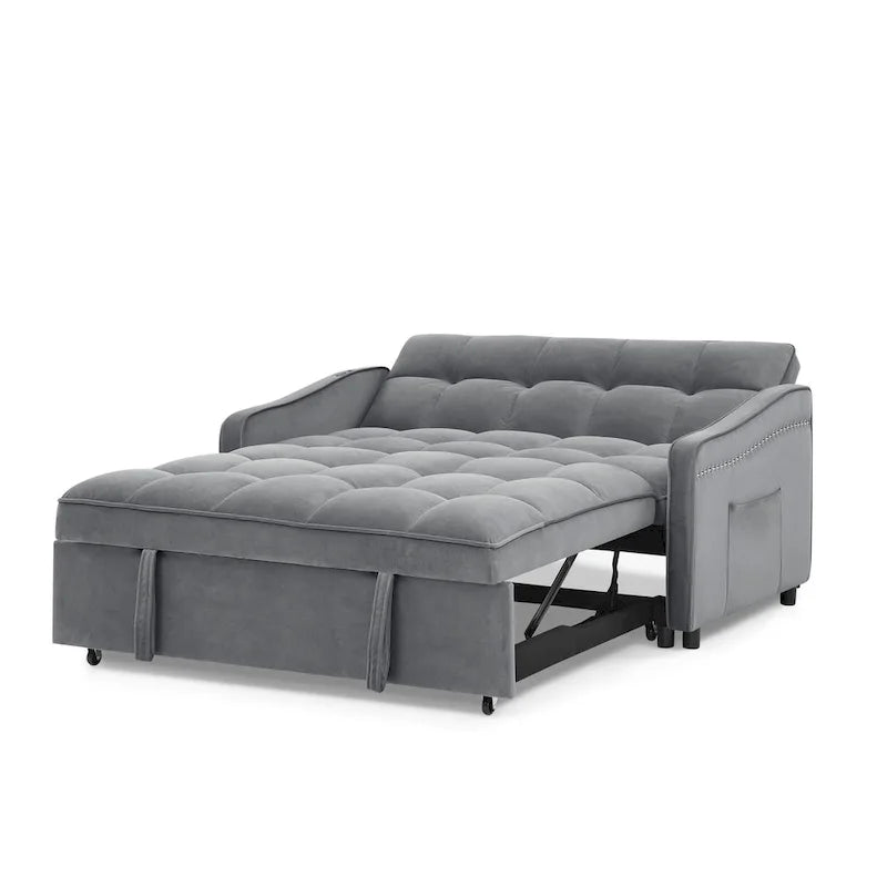 Causeuse de style mid-century en velours bleu/gris/beige, convertible en lit, avec ports USB et dossier réglable – 2 places