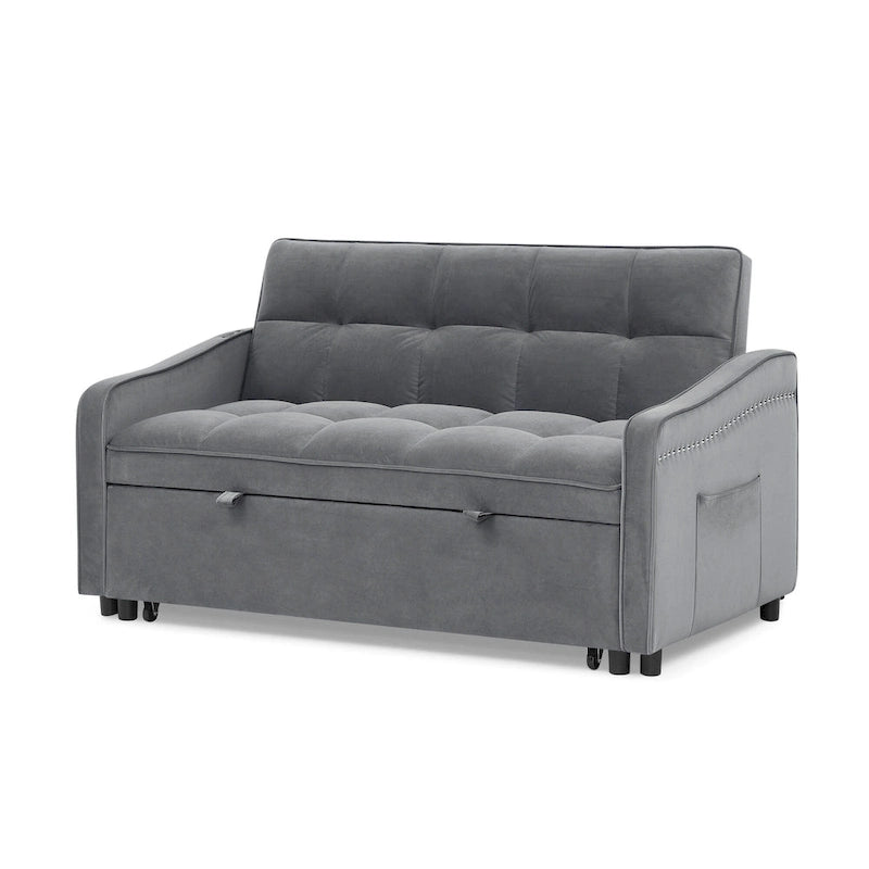 Causeuse de style mid-century en velours bleu/gris/beige, convertible en lit, avec ports USB et dossier réglable – 2 places