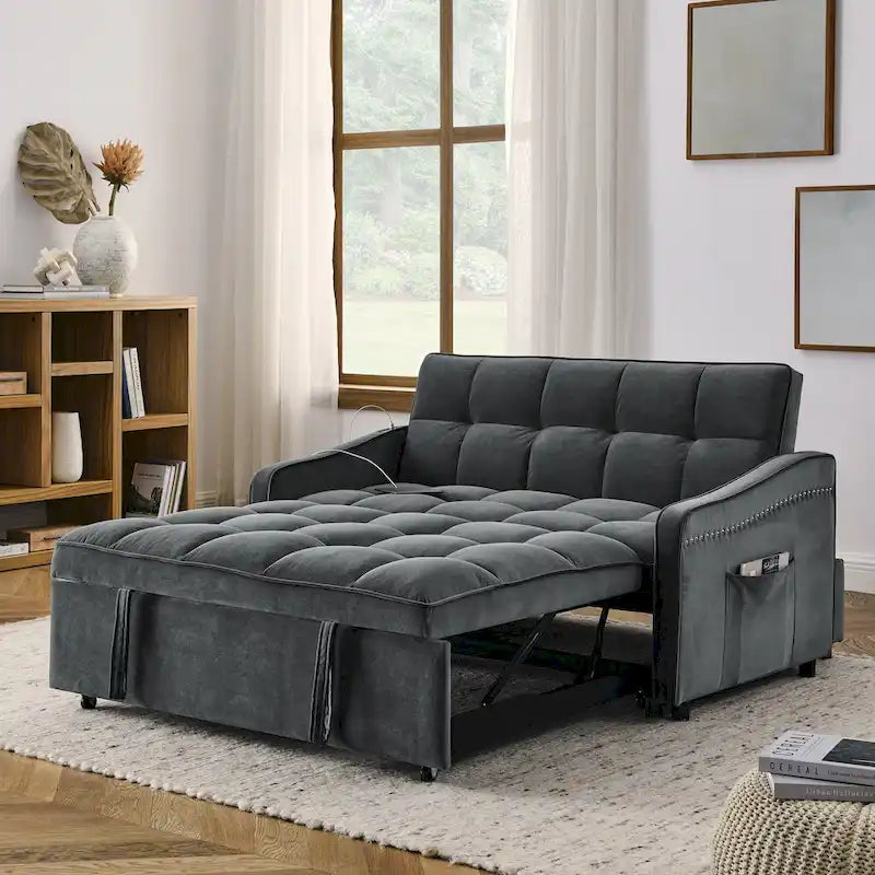 Causeuse de style mid-century en velours bleu/gris/beige, convertible en lit, avec ports USB et dossier réglable – 2 places