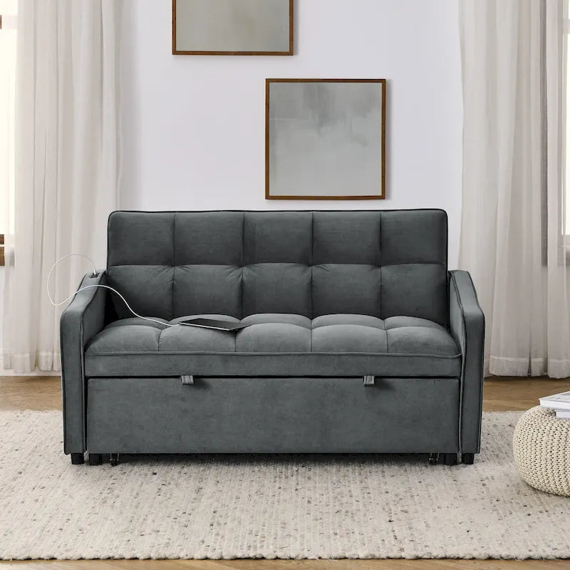Causeuse de style mid-century en velours bleu/gris/beige, convertible en lit, avec ports USB et dossier réglable – 2 places